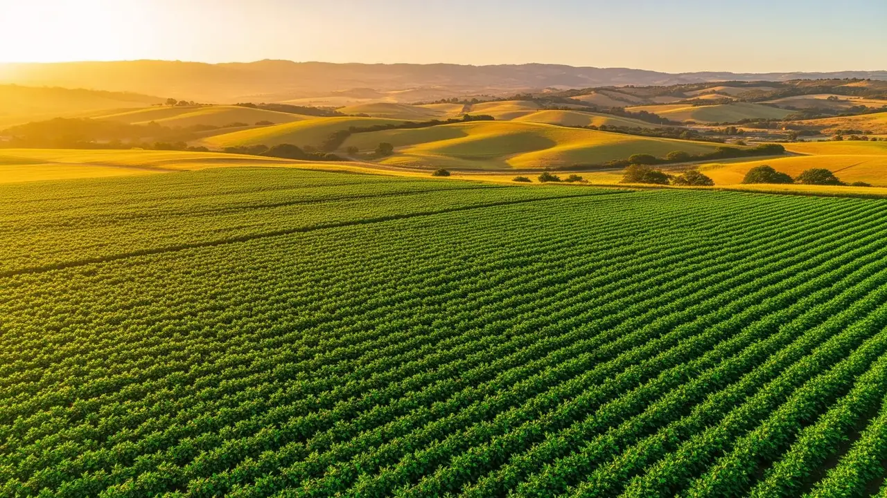 Rows of healthy green crops across rolling farmland at sunrise